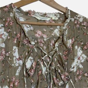 Denim Supply Ralph Lauren Lace-up Boho Peasant Blouse Ruffle 3/4 Sleeve XS Tan